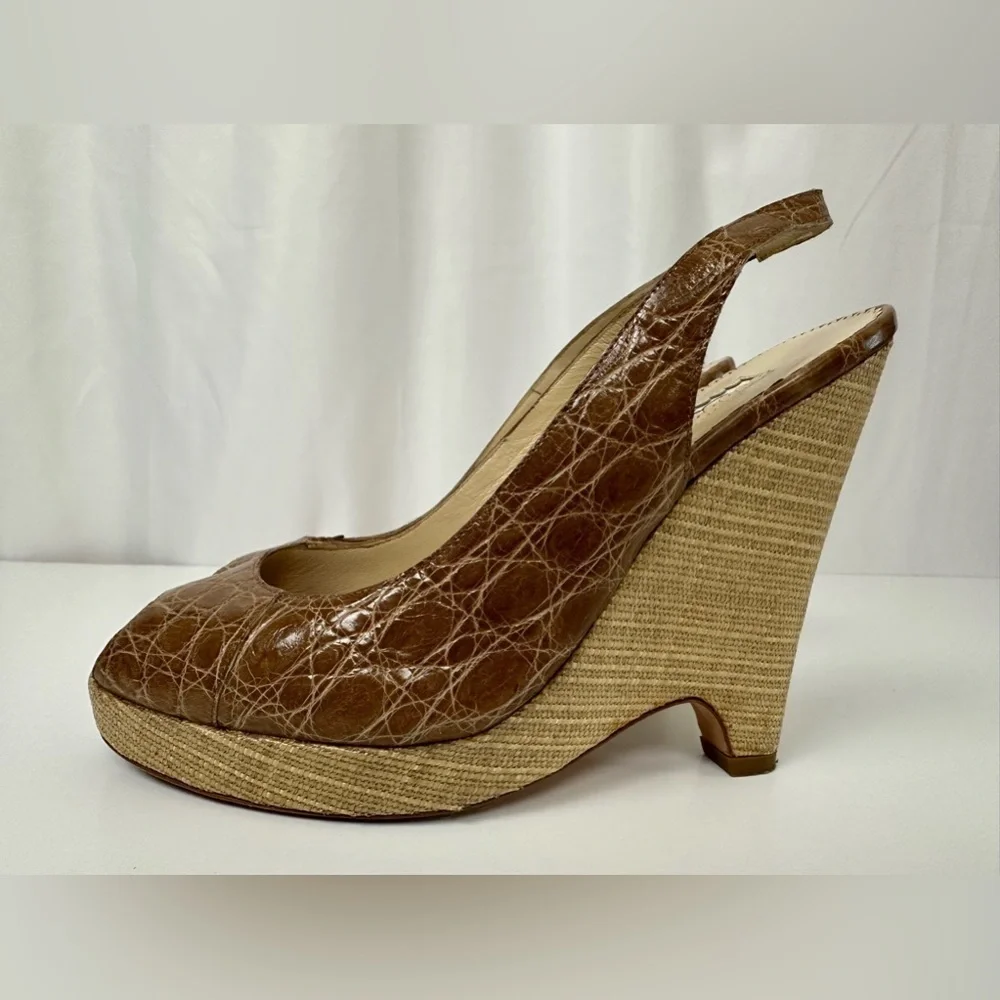 Oscar de la Renta Genuine Crocodile Peep Toe Platform Sandals Sz 7.5